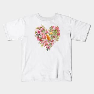 Pink Floral Heart with Yellow Parrot Kids T-Shirt